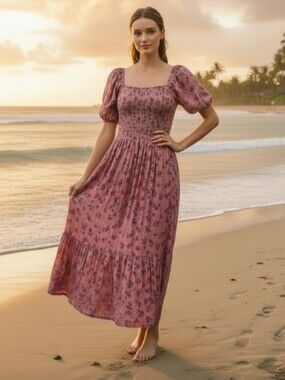 Elloh Smocked Floral Maxi Dress, Dusty Rose
